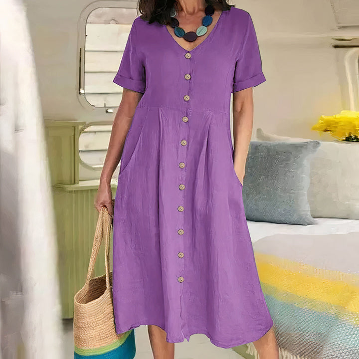 Damen Sommer Leinen Midi Kleid mit V-Ausschnitt und Taschen