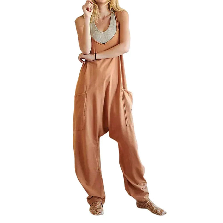 Damen Sommer-Jumpsuit mit Rundhalsausschnitt und Taschen