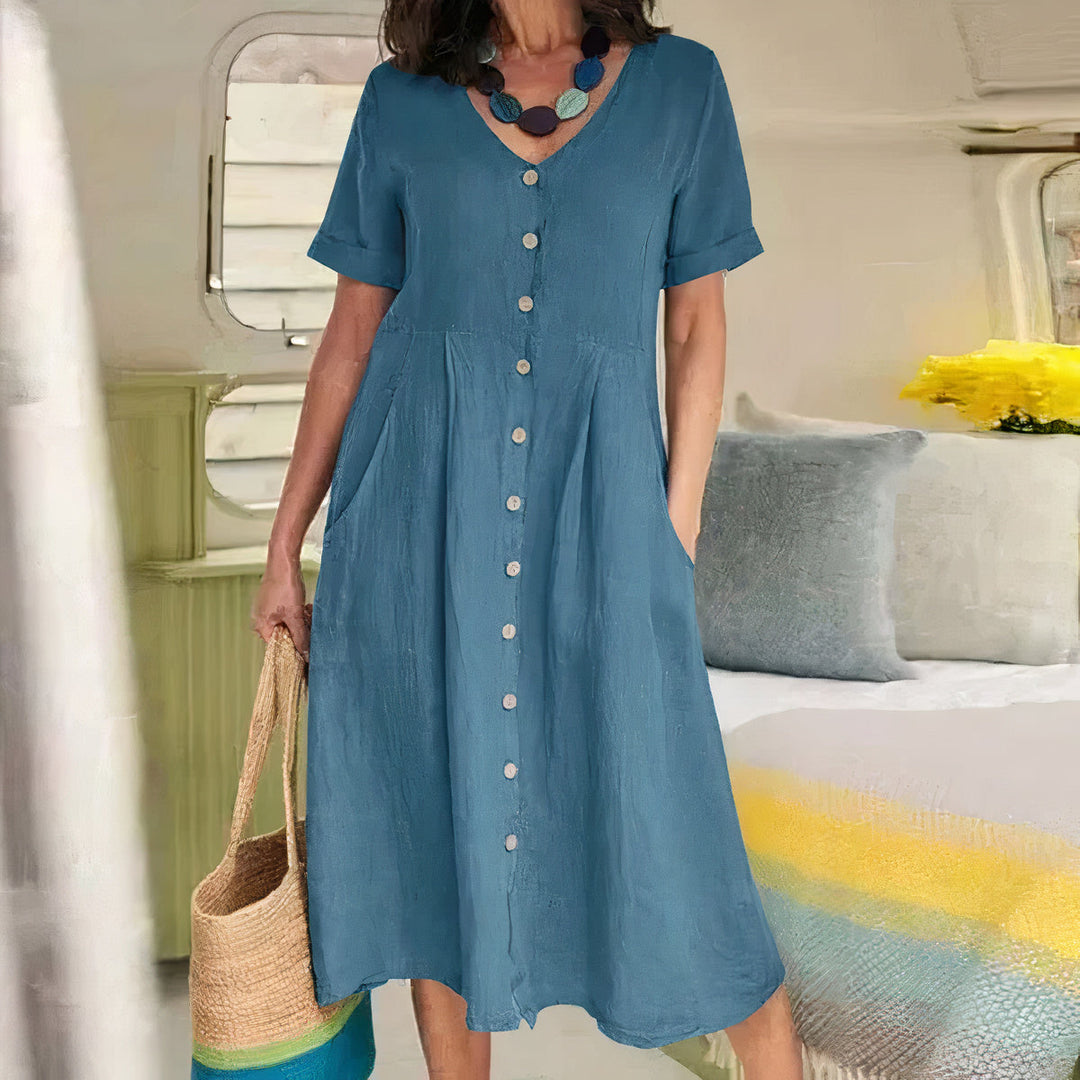 Damen Sommer Leinen Midi Kleid mit V-Ausschnitt und Taschen