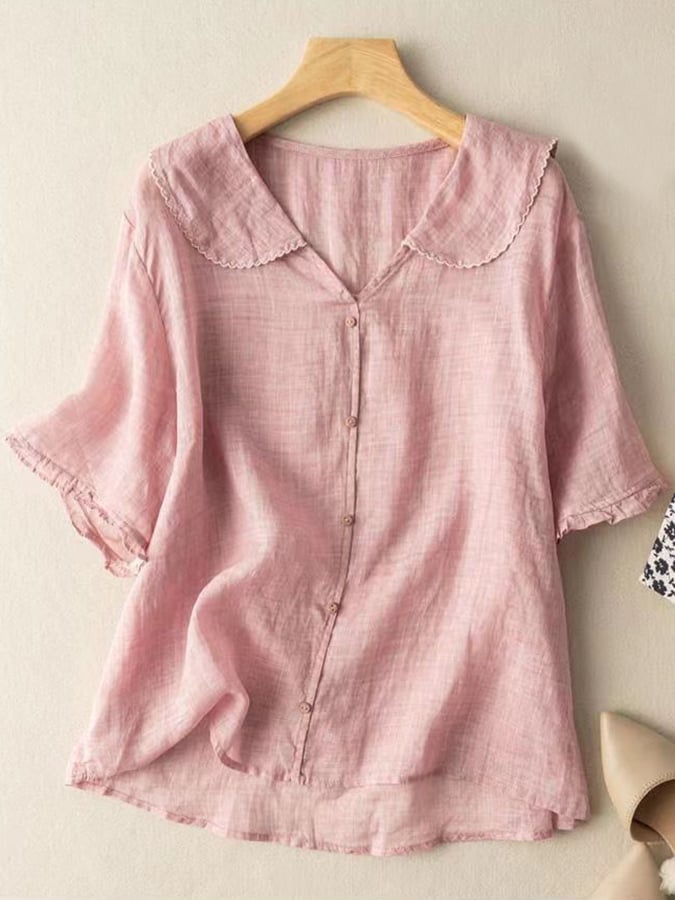 Retro-Kurzarmhemd für Damen aus Baumwolle und Leinen in Marineblau mit dünnem Kragen