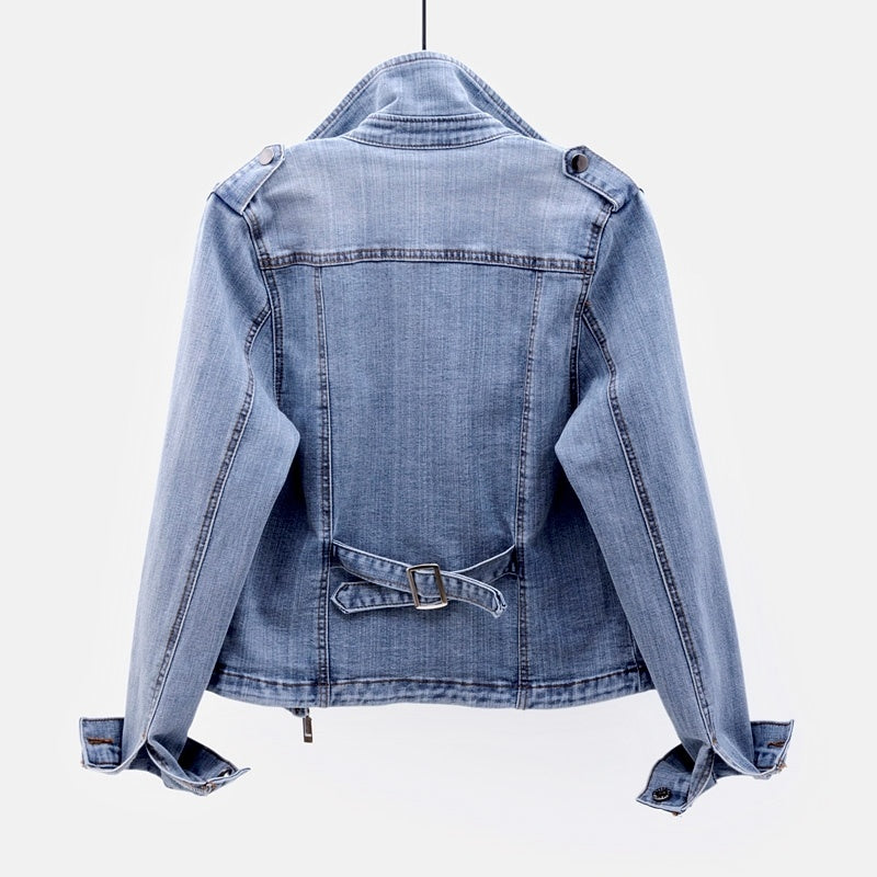 Damen-Jeansjacke mit langen Ärmeln und asymmetrischem Reißverschluss