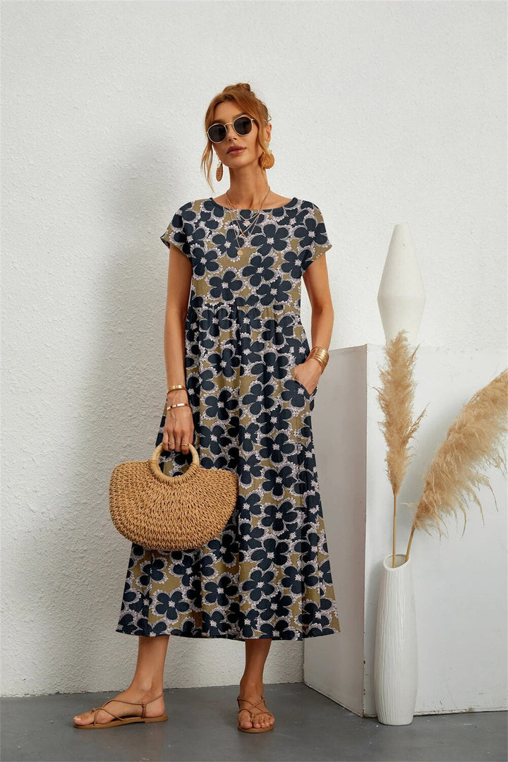 Sommer-Midikleid für Damen mit kurzen Ärmeln und Rundhalsausschnitt