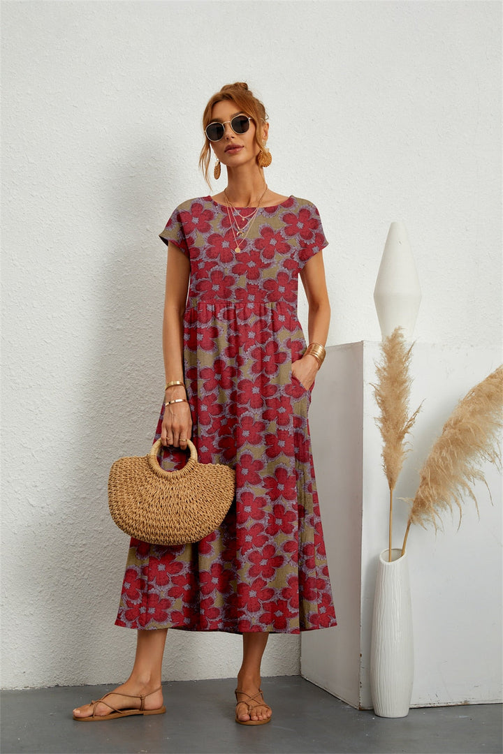 Sommer-Midikleid für Damen mit kurzen Ärmeln und Rundhalsausschnitt