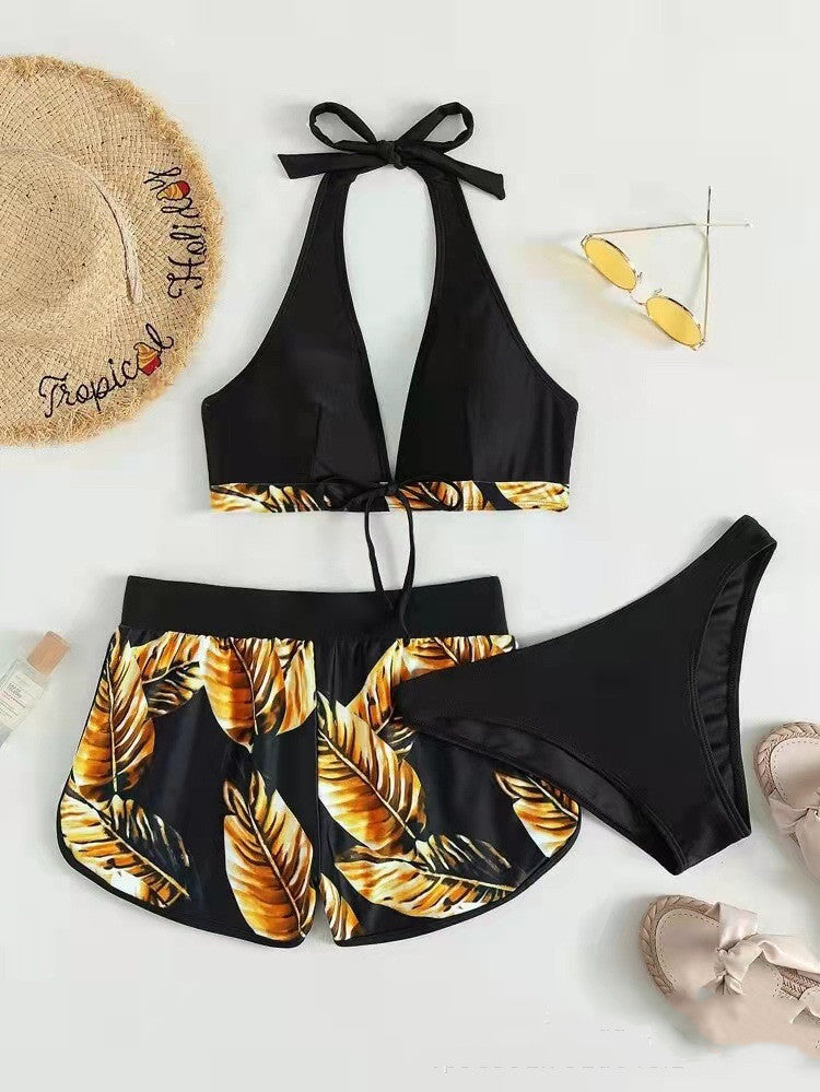 Damen Drei-Teile Bikini-Set mit V-Ausschnitt Halter-Top