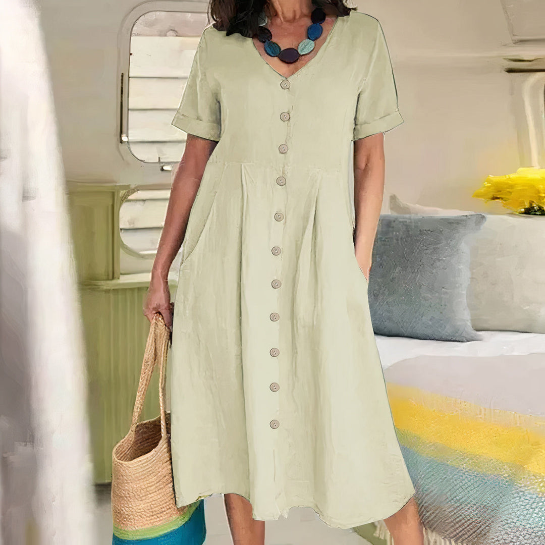 Damen Sommer Leinen Midi Kleid mit V-Ausschnitt und Taschen