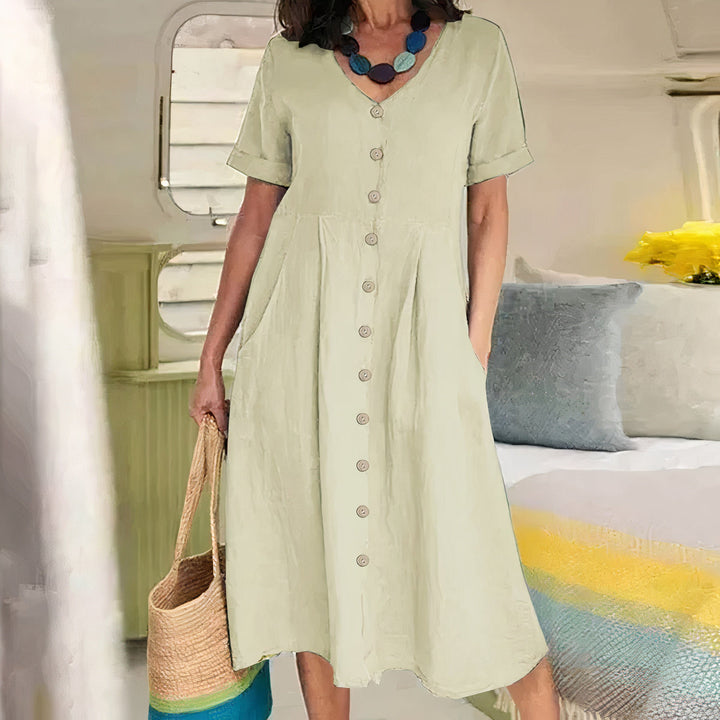 Damen Sommer Leinen Midi Kleid mit V-Ausschnitt und Taschen