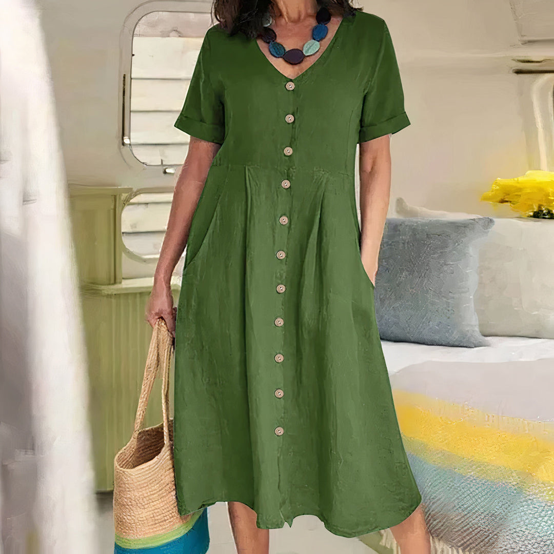 Damen Sommer Leinen Midi Kleid mit V-Ausschnitt und Taschen