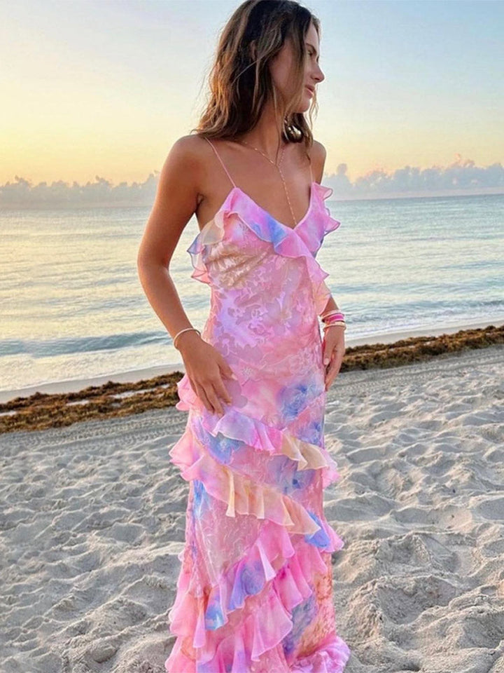 Damen Sommer-Maxikleid mit V-Ausschnitt und Spaghettiträgern