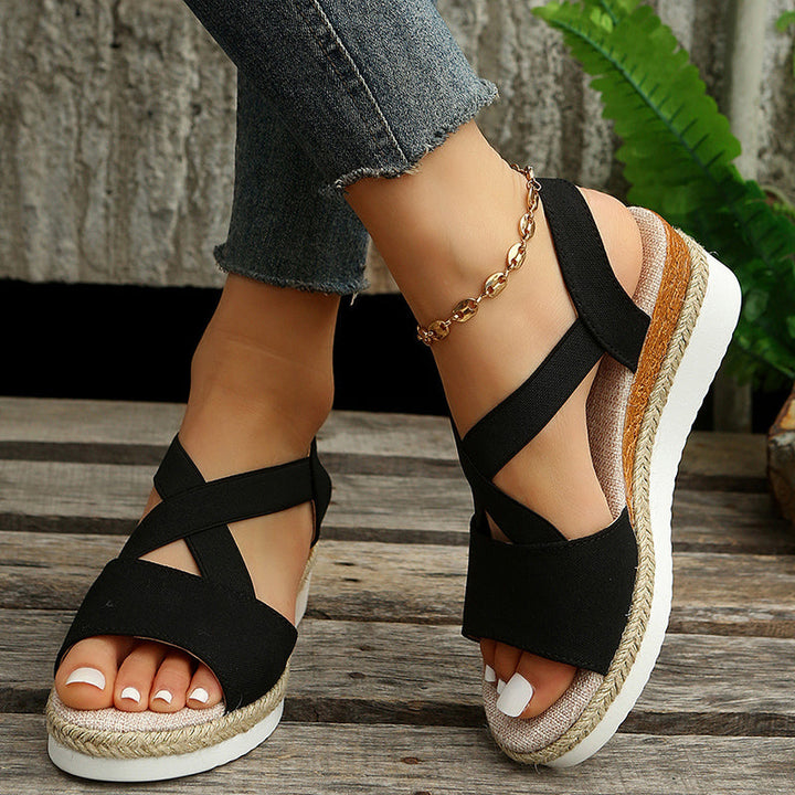 Damen Sommer-Wedgesandalen mit Plateausohle und Kreuzriemen