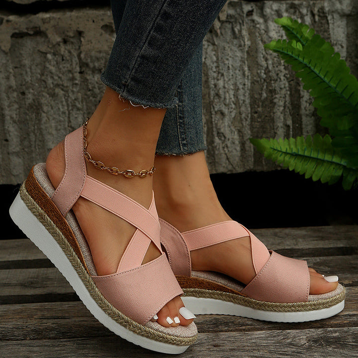 Damen Sommer-Wedgesandalen mit Plateausohle und Kreuzriemen