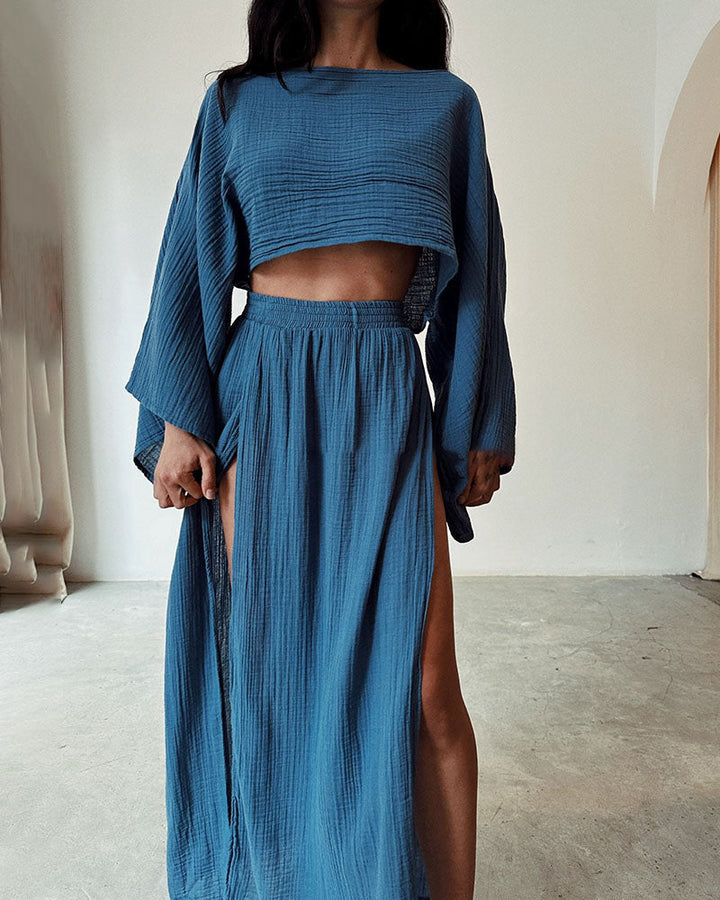 Zweiteiler Damen Sommer Set mit Crop Top und Maxirock