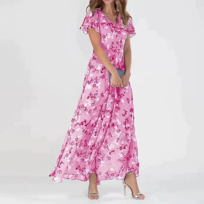 Damen Sommer Maxikleid mit V-Ausschnitt und kurzen Ärmeln