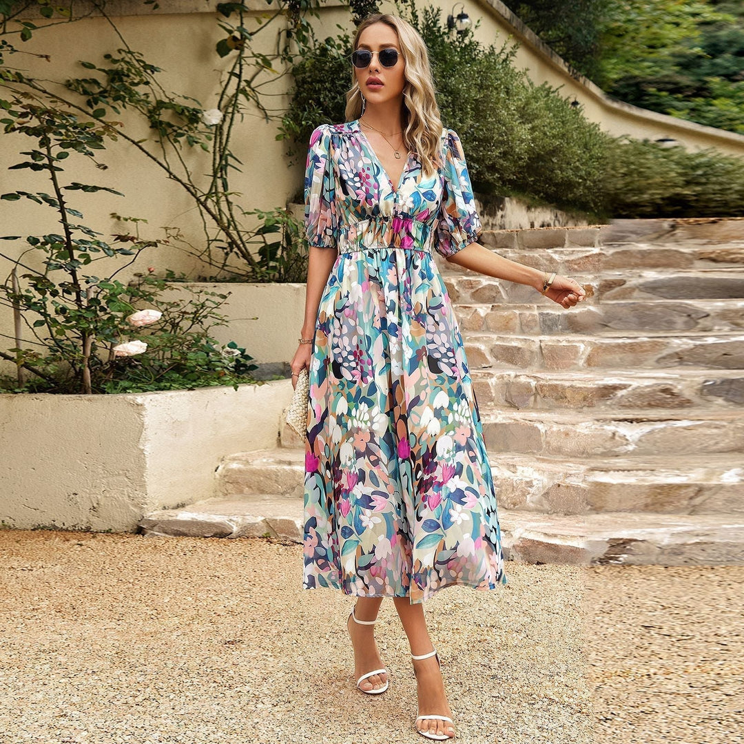 Damen Midikleid für den Sommer mit V-Ausschnitt und Puffärmeln