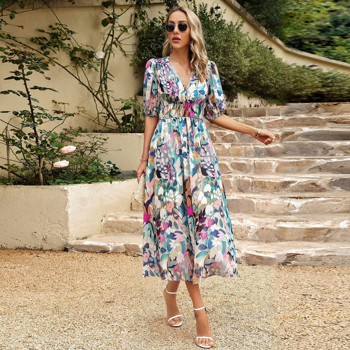 Damen Midikleid für den Sommer mit V-Ausschnitt und Puffärmeln