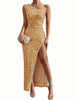 Elegantes One-Shoulder-Maxikleid mit Pailletten und Schlitz