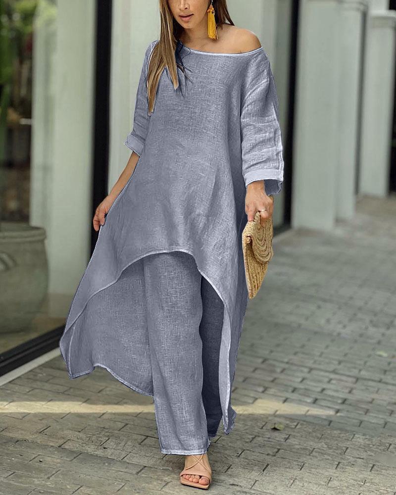 Damen Sommer Set mit langen Ärmeln und Scoop-Ausschnitt