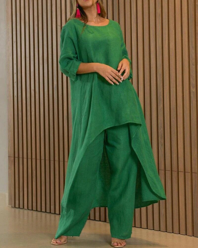 Damen Sommer Set mit langen Ärmeln und Scoop-Ausschnitt