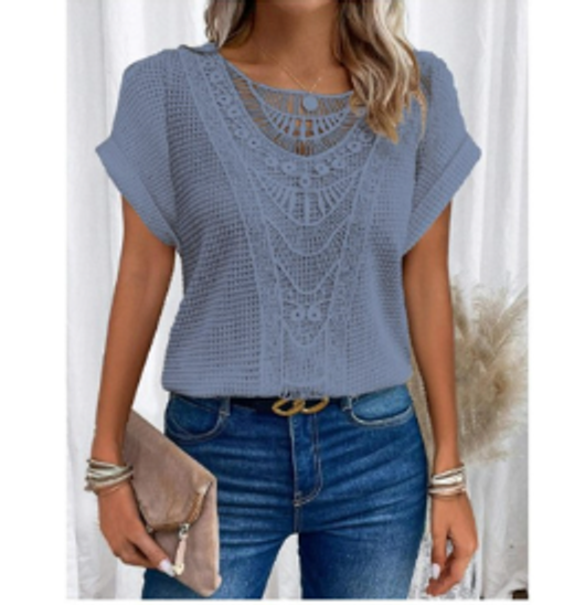 Damen Sommerbluse mit Rundhalsausschnitt und Spitzenbesatz
