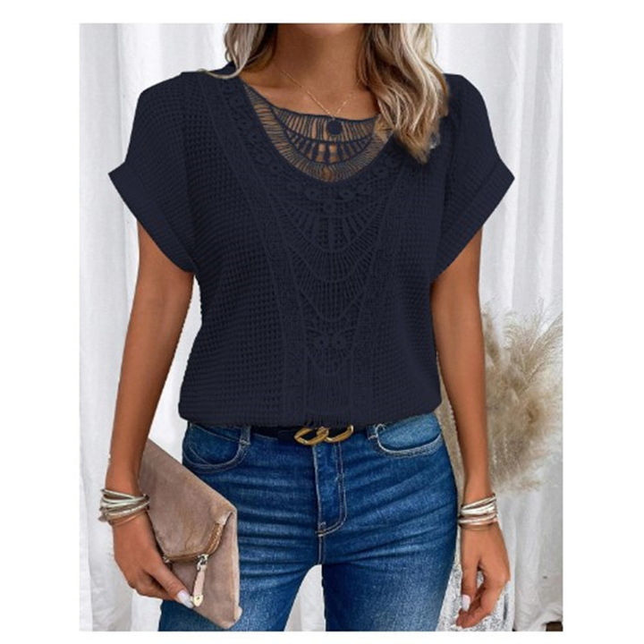 Damen Sommerbluse mit Rundhalsausschnitt und Spitzenbesatz