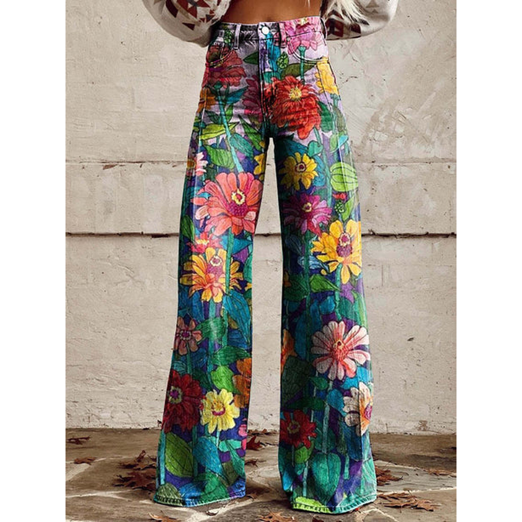 Lange Jeanshose für Damen – Ritan Blumen- und Uni-Prints