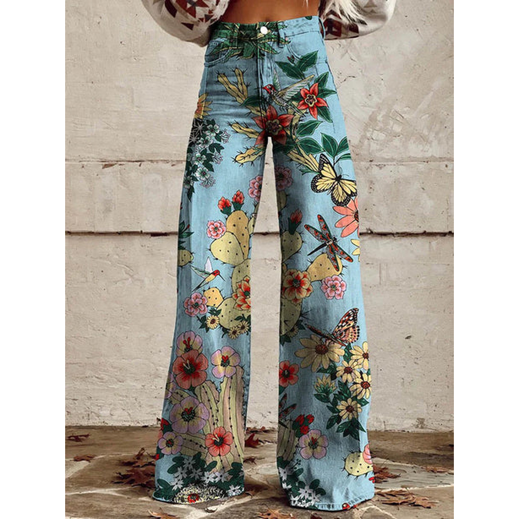 Lange Jeanshose für Damen – Ritan Blumen- und Uni-Prints