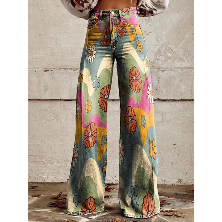 Lange Jeanshose für Damen – Ritan Blumen- und Uni-Prints