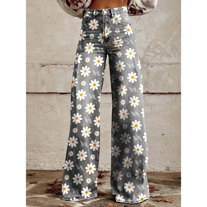 Lange Jeanshose für Damen – Ritan Blumen- und Uni-Prints