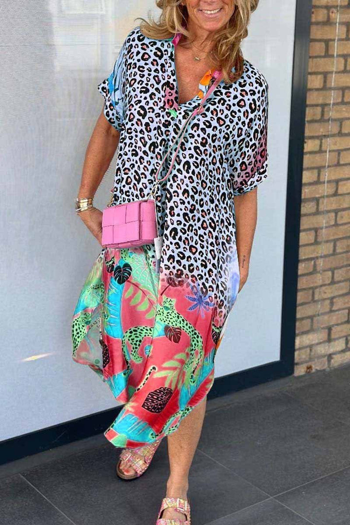 Damen Sommerkleid mit kurzen Ärmeln und Leopardenmuster
