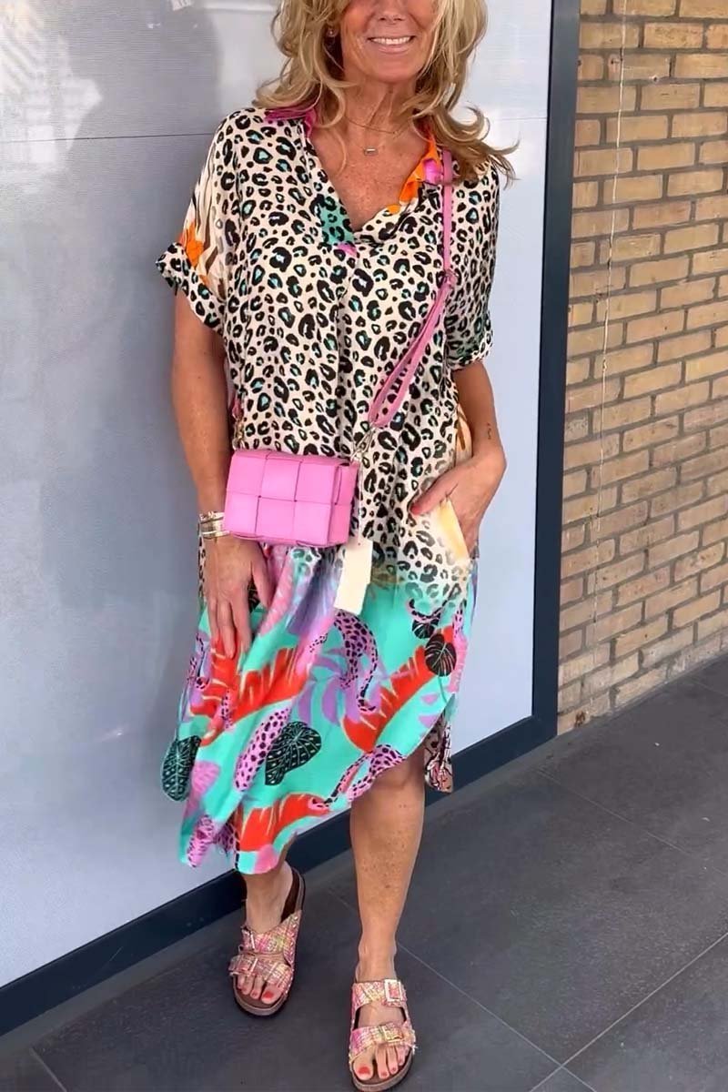 Damen Sommerkleid mit kurzen Ärmeln und Leopardenmuster