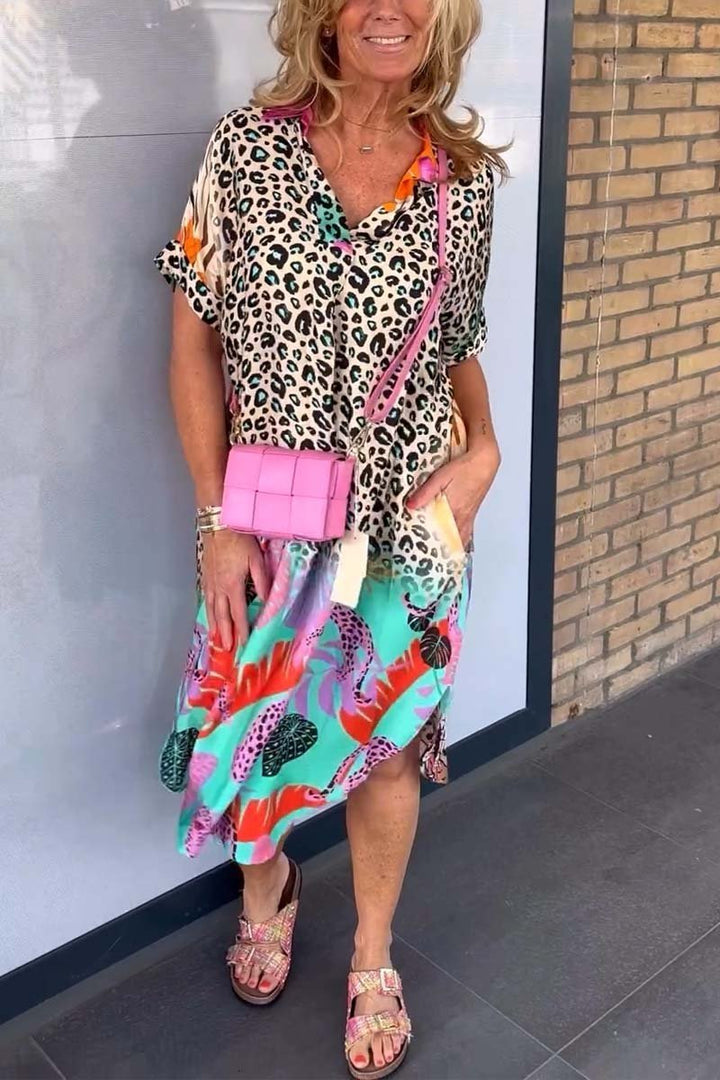 Damen Sommerkleid mit kurzen Ärmeln und Leopardenmuster