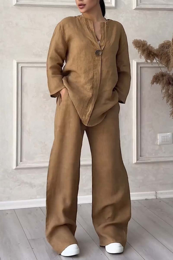 Damen Sommer-Leinenset mit V-Ausschnitt und passender Hose