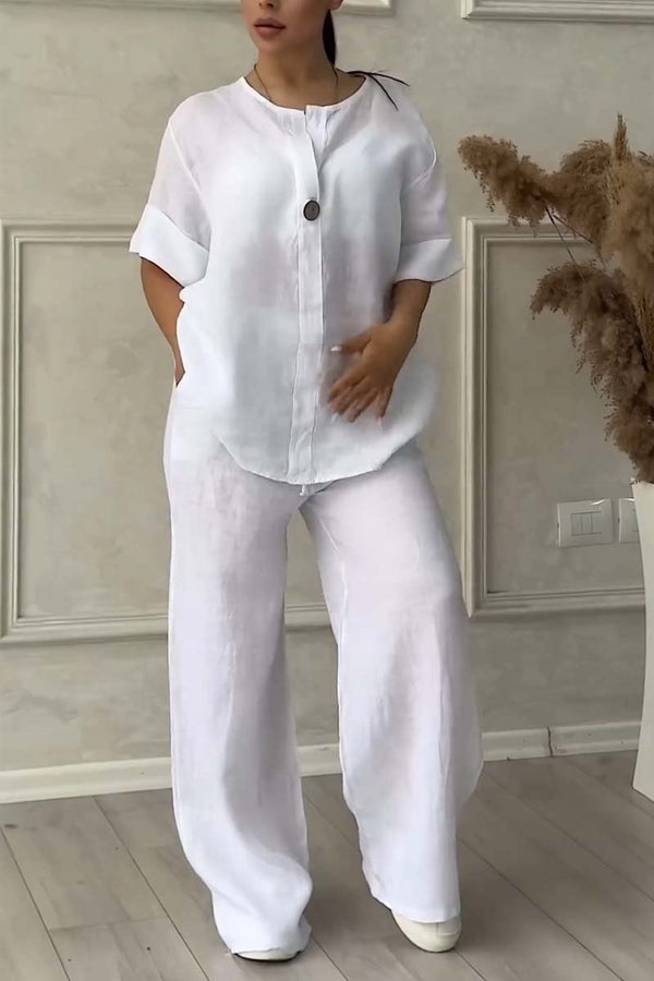 Damen Sommer-Leinenset mit V-Ausschnitt und passender Hose