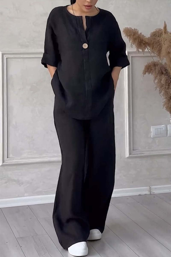 Damen Sommer-Leinenset mit V-Ausschnitt und passender Hose