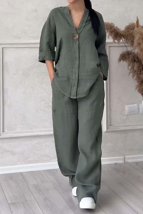 Damen Sommer-Leinenset mit V-Ausschnitt und passender Hose