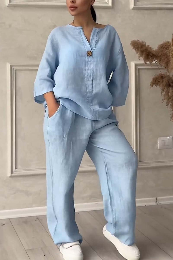 Damen Sommer-Leinenset mit V-Ausschnitt und passender Hose