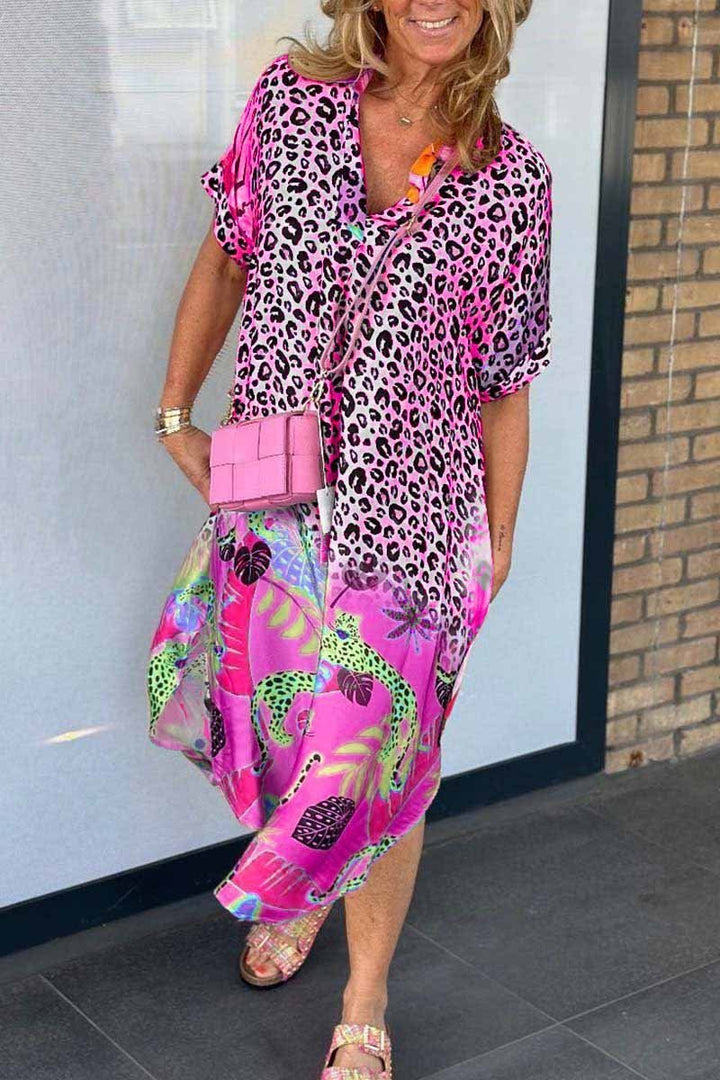 Damen Sommerkleid mit kurzen Ärmeln und Leopardenmuster