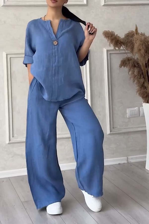 Damen Sommer-Leinenset mit V-Ausschnitt und passender Hose