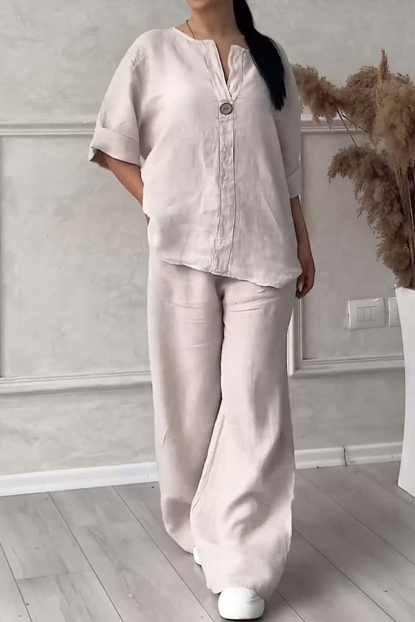 Damen Sommer-Leinenset mit V-Ausschnitt und passender Hose