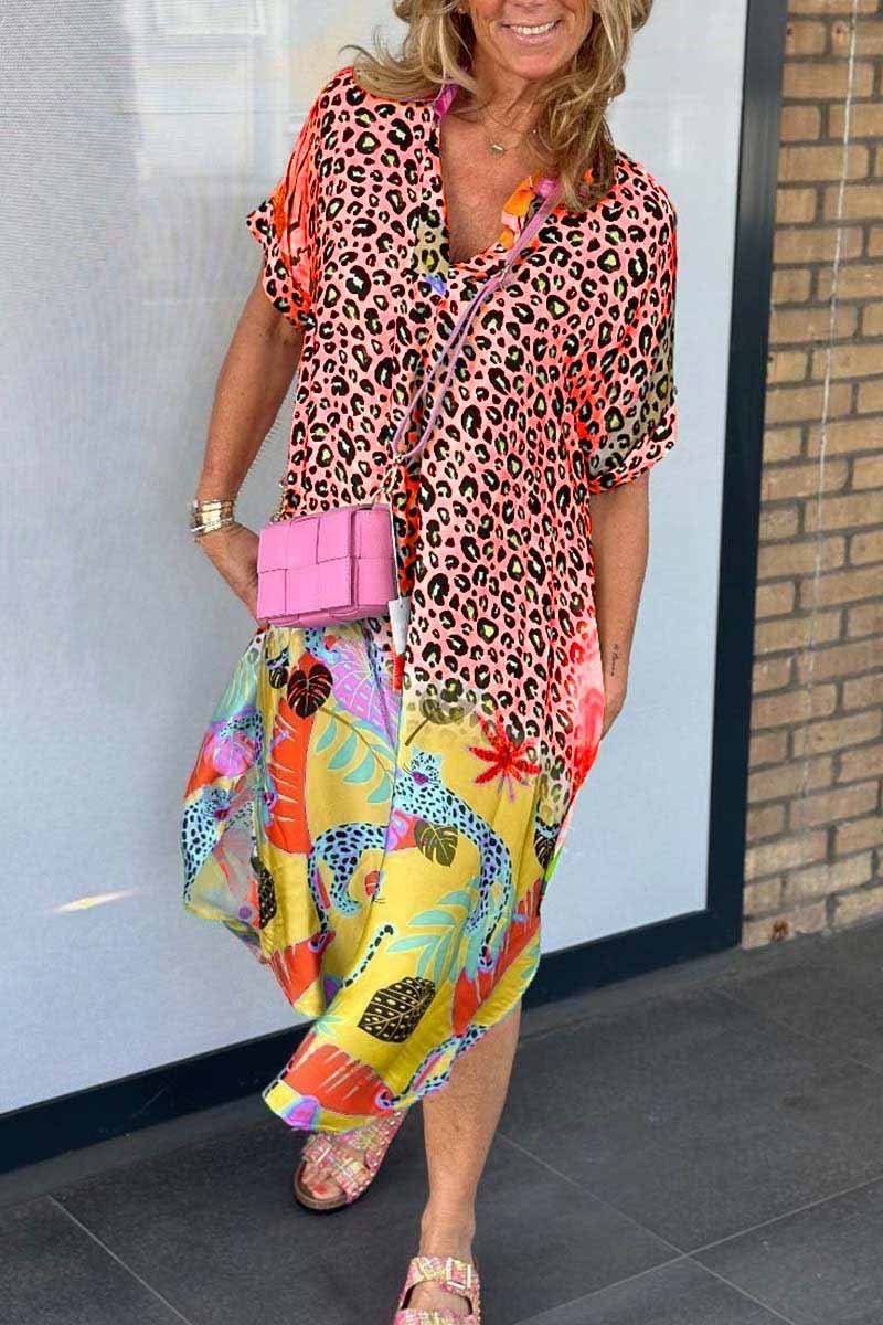 Damen Sommerkleid mit kurzen Ärmeln und Leopardenmuster