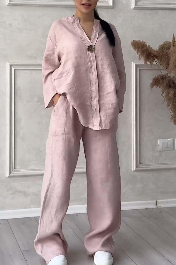 Damen Sommer-Leinenset mit V-Ausschnitt und passender Hose
