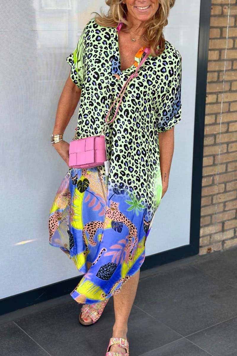 Damen Sommerkleid mit kurzen Ärmeln und Leopardenmuster