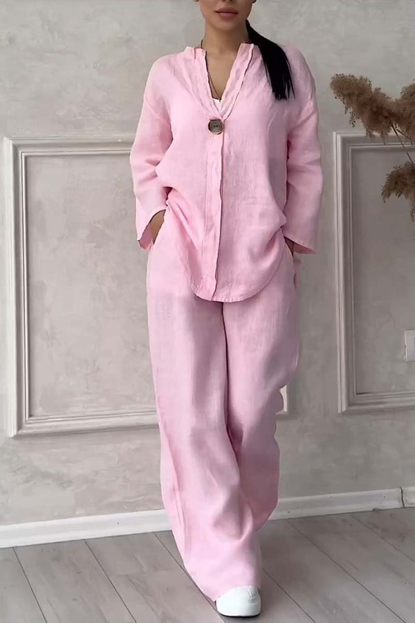 Damen Sommer-Leinenset mit V-Ausschnitt und passender Hose