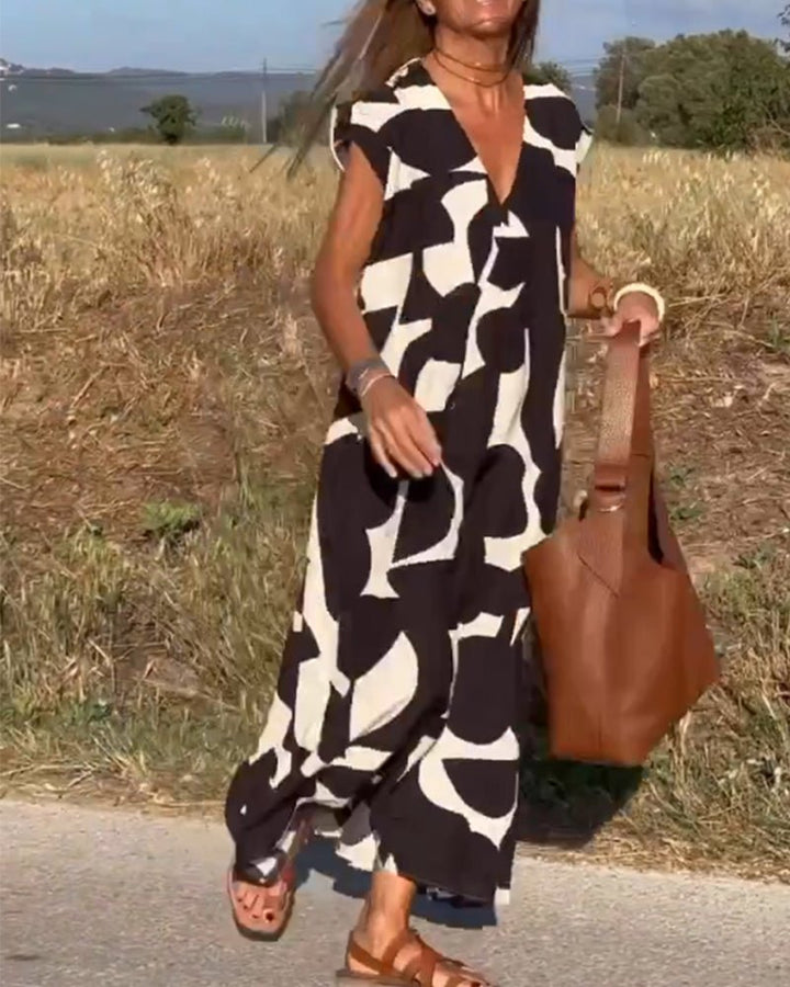 Damen Sommer Midi-Kleid mit V-Ausschnitt und Cap-Ärmeln
