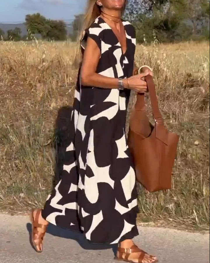 Damen Sommer Midi-Kleid mit V-Ausschnitt und Cap-Ärmeln