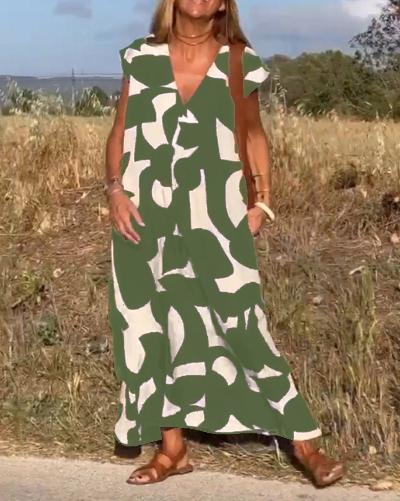 Damen Sommer Midi-Kleid mit V-Ausschnitt und Cap-Ärmeln
