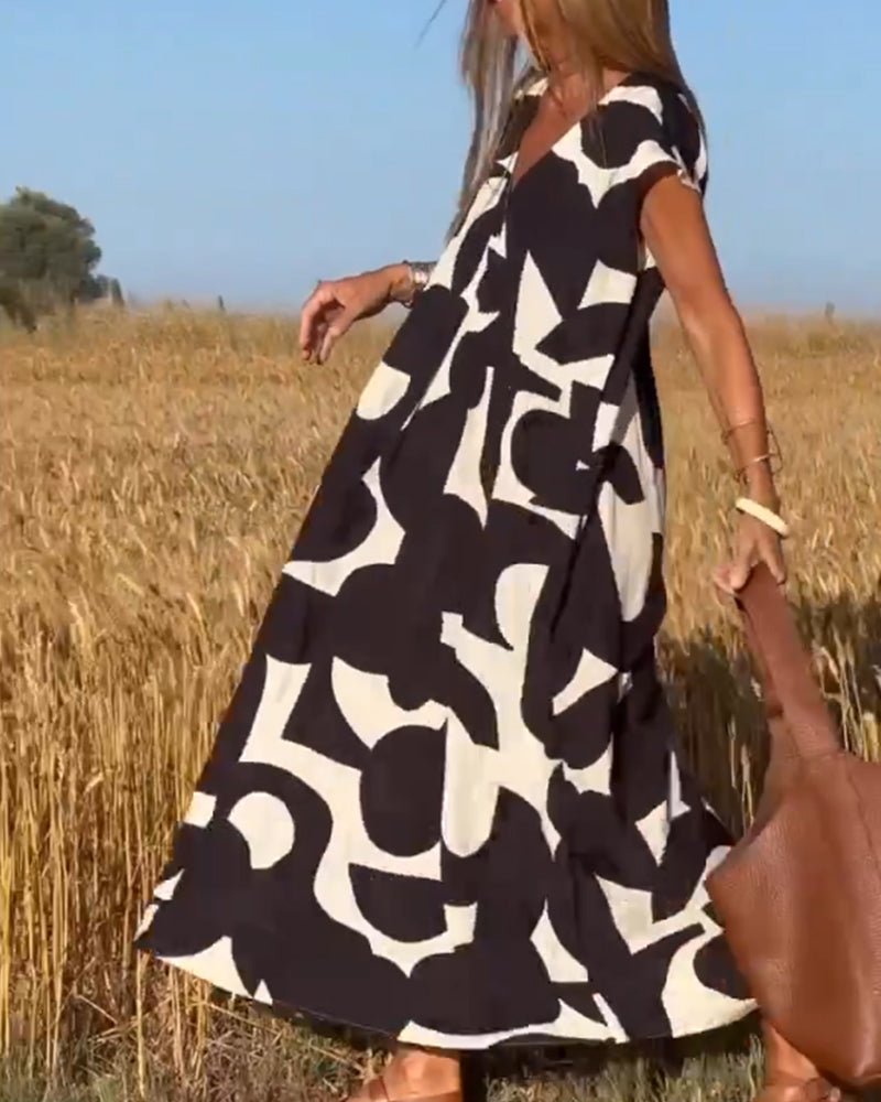 Damen Sommer Midi-Kleid mit V-Ausschnitt und Cap-Ärmeln