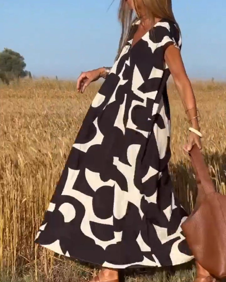 Damen Sommer Midi-Kleid mit V-Ausschnitt und Cap-Ärmeln