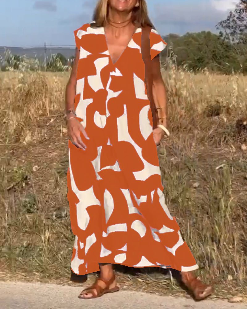 Damen Sommer Midi-Kleid mit V-Ausschnitt und Cap-Ärmeln
