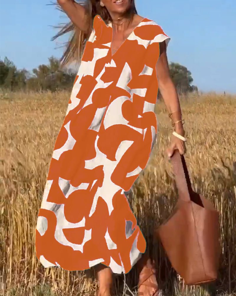 Damen Sommer Midi-Kleid mit V-Ausschnitt und Cap-Ärmeln