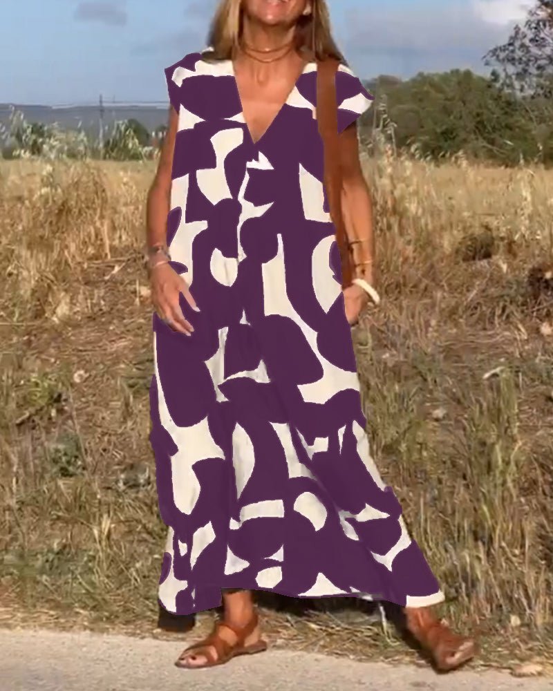 Damen Sommer Midi-Kleid mit V-Ausschnitt und Cap-Ärmeln